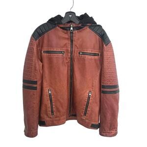 EKO BLACK Men's Brown & Black Faux-Leather Jacket with Detachable Hood Size XLTG